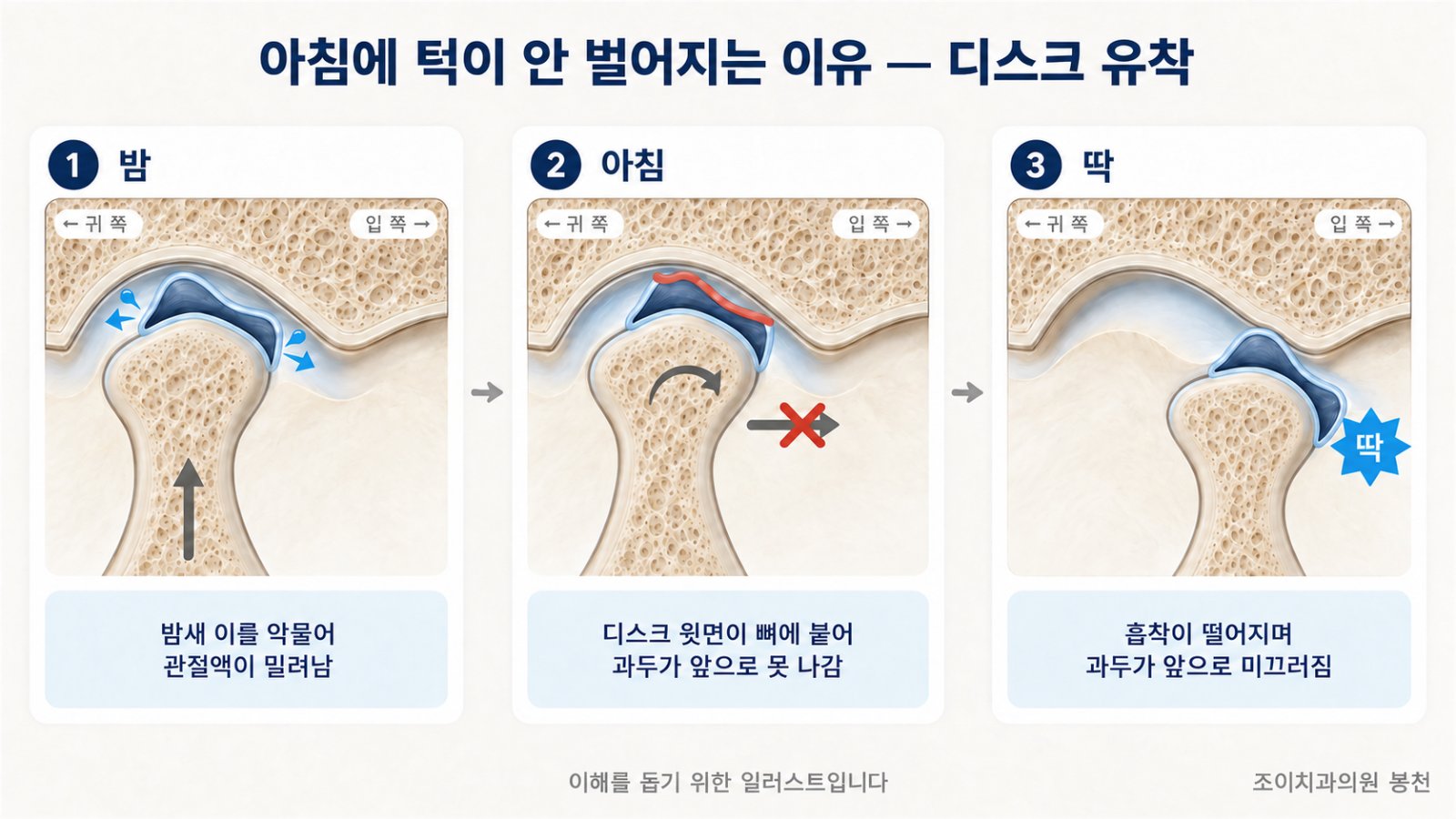디스크 유착 3단계 도해 — 1 밤: 밤새 이를 악물어 과두가 위로 눌리고 관절액이 양옆으로 밀려남, 2 아침: 디스크 윗면이 뼈에 붙어 과두가 앞으로 못 나감, 3 딱: 흡착이 떨어지며 과두가 앞으로 미끄러짐
